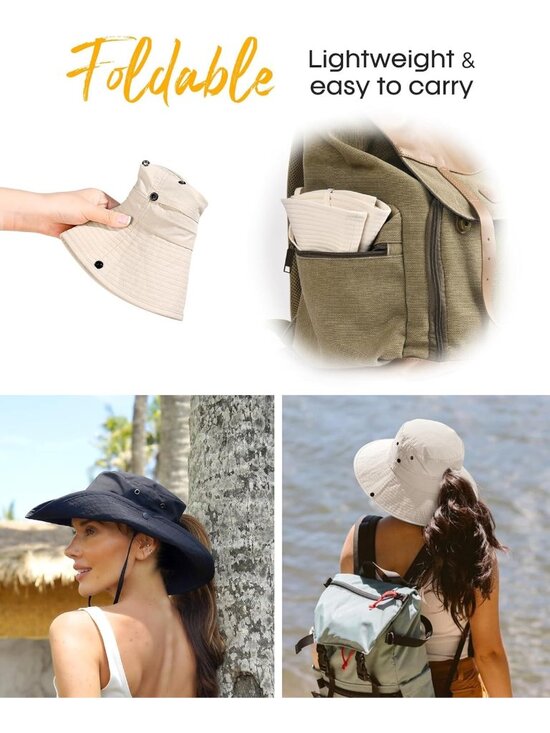 〽️Women Beige Ponytail UPF 80+ Wide Brim Packable Cowboy Hat Beach Sun Hat main image 6